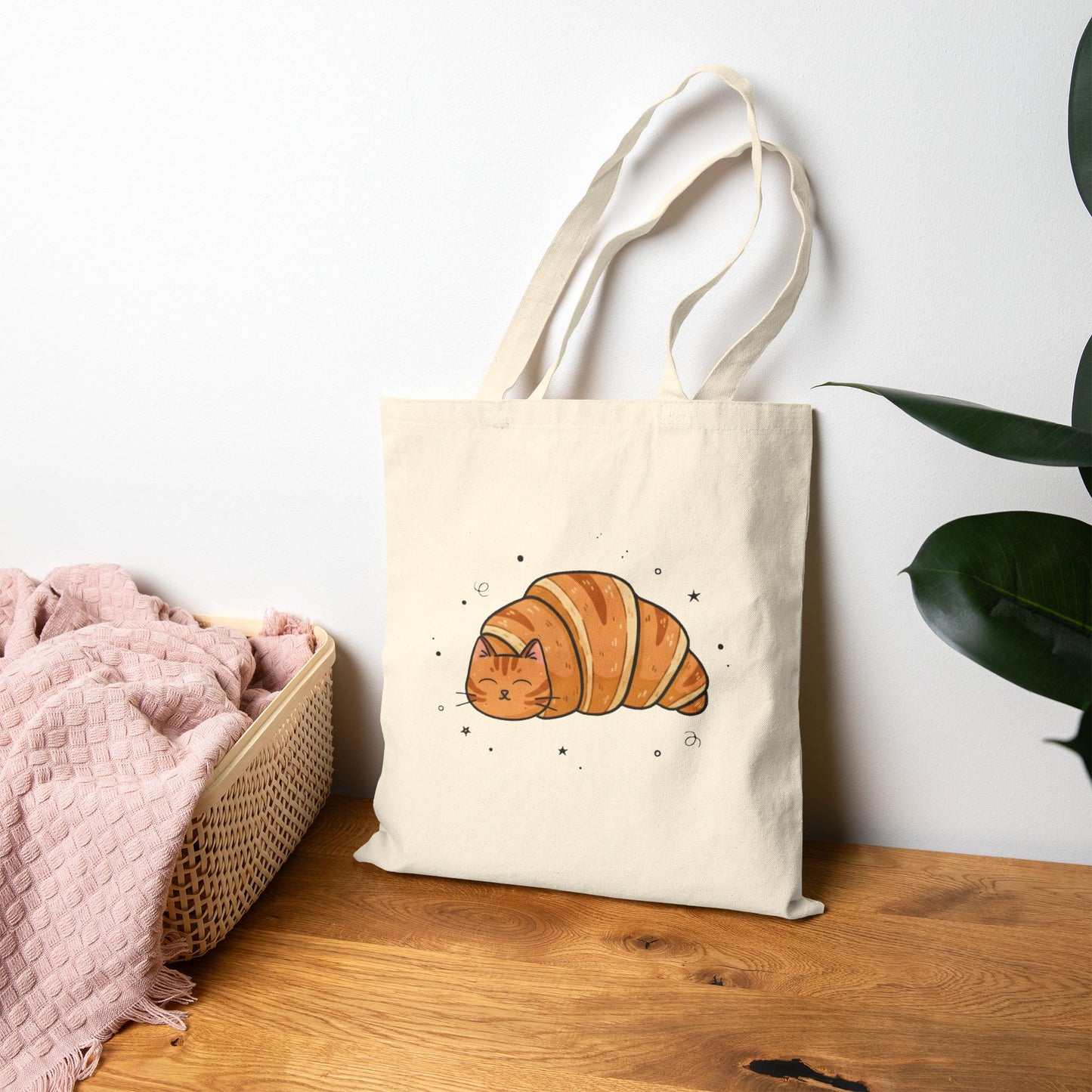 Canvas Tote — Croissant Cat Illustration Cute Shopper Bag