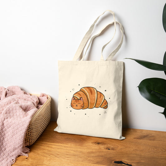 Canvas Tote — Croissant Cat Illustration Cute Shopper Bag