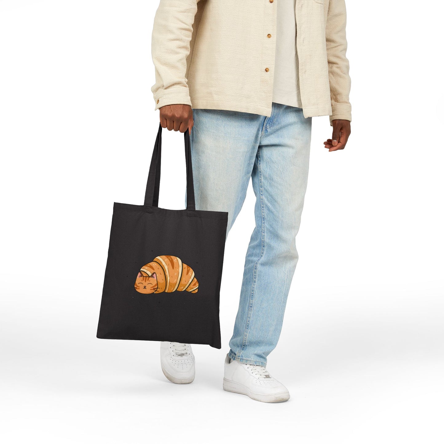 Canvas Tote — Croissant Cat Illustration Cute Shopper Bag